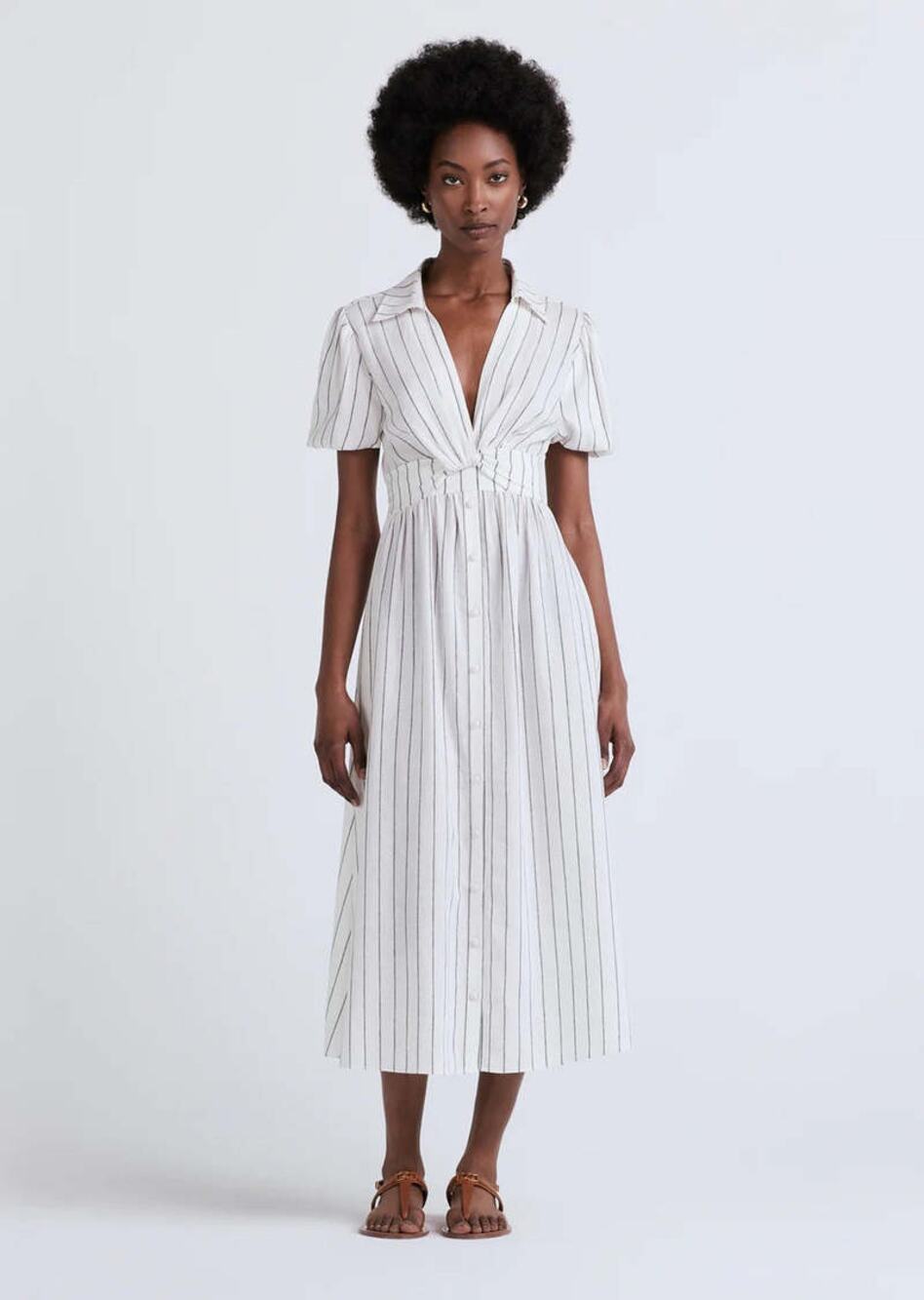 DEREK LAM COLLECTIVE Maya Twist Front Striped White Navy Midi Dress Size 46